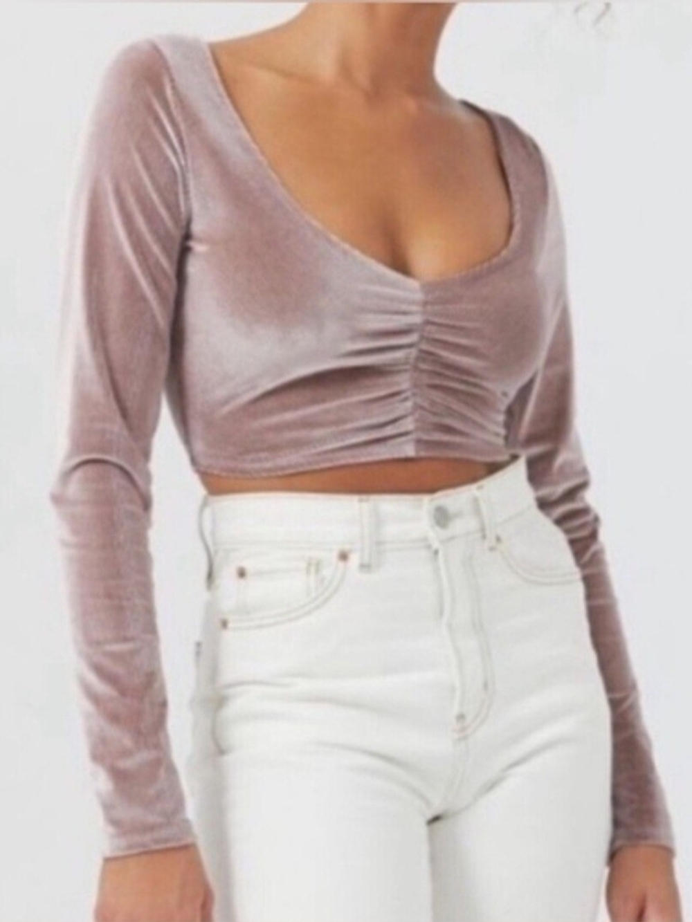 Urban Outfitters Dusty Rose Velvet Ruched V-Neck Long Sleeve Crop